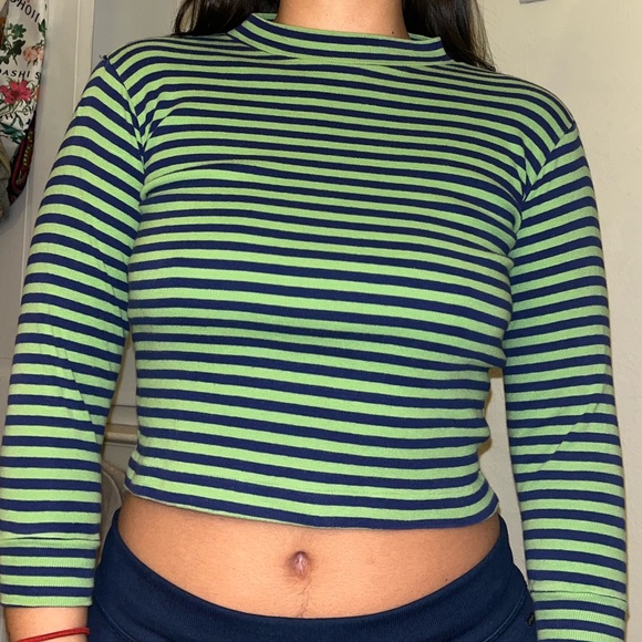 Bloomingdale's Tops - Bloomingdale's Green and Navy Striped Top